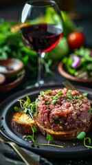 Delicious tartare served with toasted bread and red wine, surrounded by fresh greens and vibrant salad