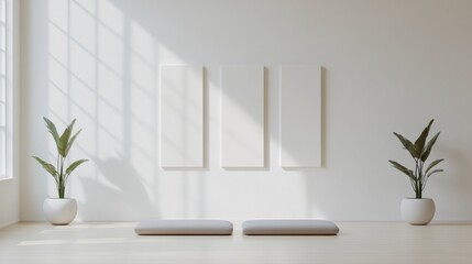 Minimalist Wellness Retreat Sunlit Yoga Studio with Air Purifiers and Natural Decor for Health Centers - Enhancing Mindfulness and Workplace Environments