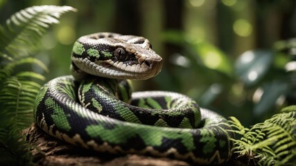 Obraz premium A close-up of a green and black snake resting on a log amidst lush foliage.
