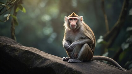 Fototapeta premium A serene monkey sitting on a rock in a lush forest environment.