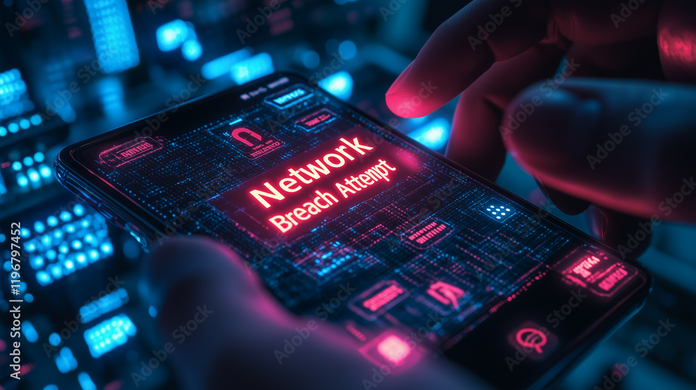 Poster network breach alert: urgent notification of a network security breach displayed on a smartphone scr