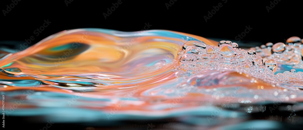 Poster abstract swirls of oil and water creating vibrant patterns on a dark background