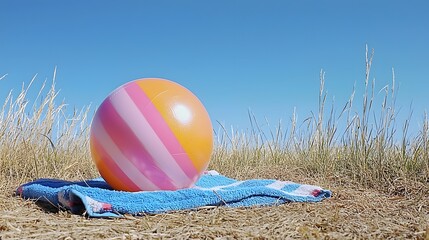 Vibrant pink yellow and blue beach ball resting on a blue and white striped towel under a clear bright blue sky on a sunny day  The image conveys a sense of summer relaxation and outdoor recreation