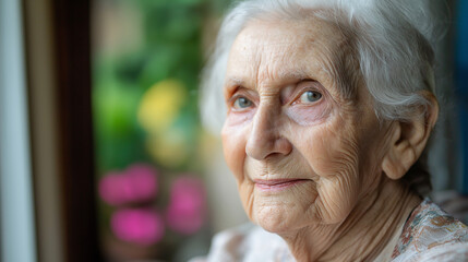 Elderly woman with white hair gazing thoughtfully near window. Perfect for retirement planning, healthcare services, or senior wellness program marketing.