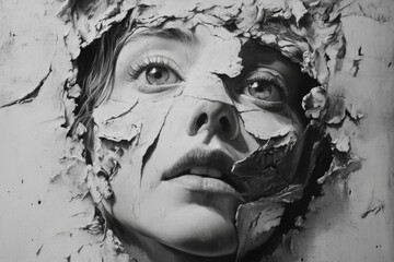 Woman's face emerging from peeling layers of a textured surface in a striking artistic display