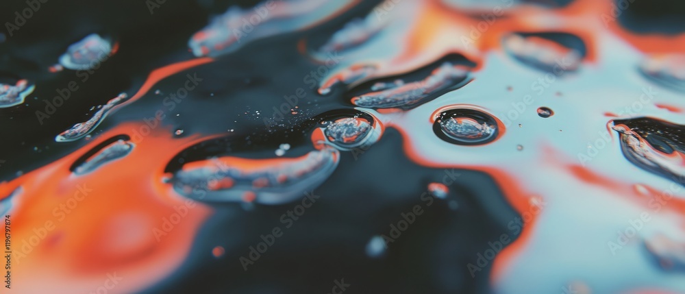 Poster colorful swirls of oil and water mix, creating unique abstract patterns against a dark background