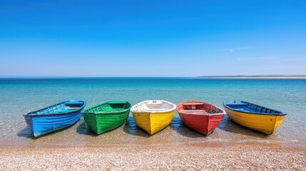 Colorful boats on a tranquil beach under a clear sky