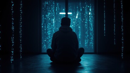 Person sits alone surrounded by glowing streams of binary code and digital noise in a dark room. A visual metaphor for isolation in an era of overwhelming digital overload
