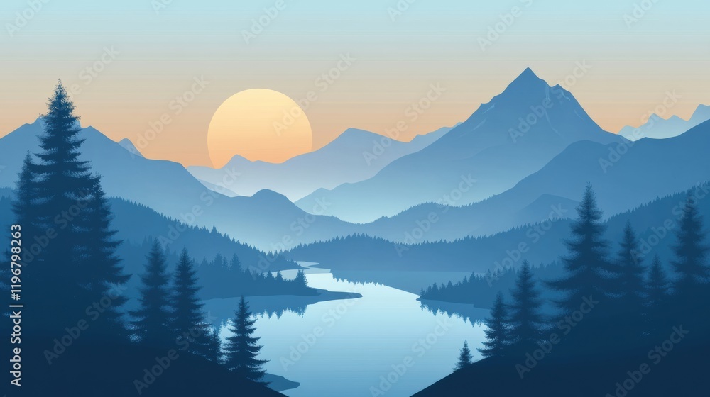 Poster scenic mountain landscape at dawn with serene river and forest silhouette for creative text placemen