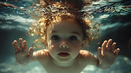 Mesmerizing close up view of a child s hands creating playful ripples and waves while swimming underwater capturing the wonder and freedom of childhood