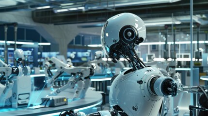 Fototapeta premium A futuristic industrial robotics laboratory with engineers programming humanoid robots for complex assembly tasks, Robotics laboratory scene, Futuristic technology style