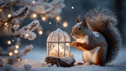 Fototapeta premium A squirrel in the snow by a lantern, surrounded by twinkling lights and winter scenery.