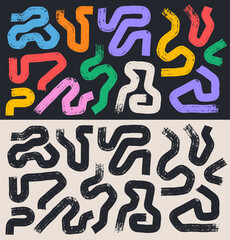Abstract shapes in doodle grunge style brush in multi colored, black and white. Squiggles, circles, infinity sign, dots and wavy bold lines set. Collection of vector with colorful geometric elements.