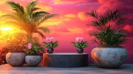 Sunset Serenity: Vibrant Pink Flowers and Lush Tropical Plants on a Terrace