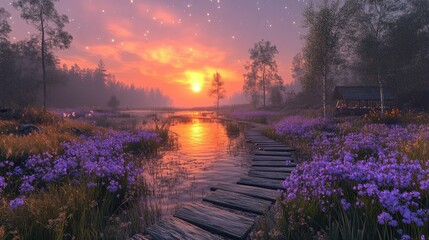 Obraz premium Sunset Serenity: A Magical Landscape of Purple Flowers and Wooden Path at Golden Hour