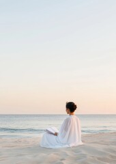 Fototapeta premium Tranquil Coastal Inspiration Middle Eastern Woman, 35, Journaling Dreams on Sunset Beach - Mindfulness and Motivation for Modern Travel and Wellness Industries