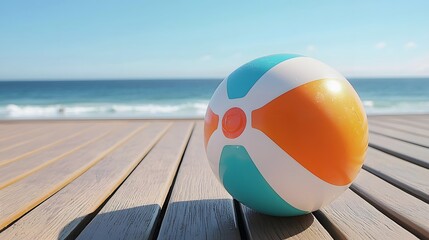 Obraz premium Colorful inflatable beach ball resting on a wooden deck with a beautiful ocean view in the background creating a fun and summery atmosphere