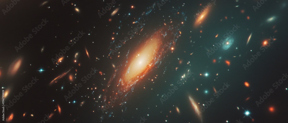 Poster elliptical galaxy exhibiting smooth and rounded shape surrounded by numerous stars and celestial bod