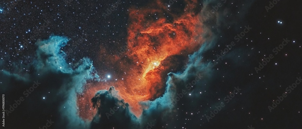 Poster illuminating nebula shines in deep space showcasing vibrant colors and cosmic clouds