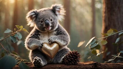 Fototapeta premium A koala holding a glittery heart on a log in a forest setting.