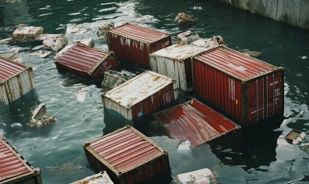 Close up of damaged cargo containers partially submerged in water, with debris floating around. scene captures aftermath of maritime incident, evoking sense of urgency and environmental concern