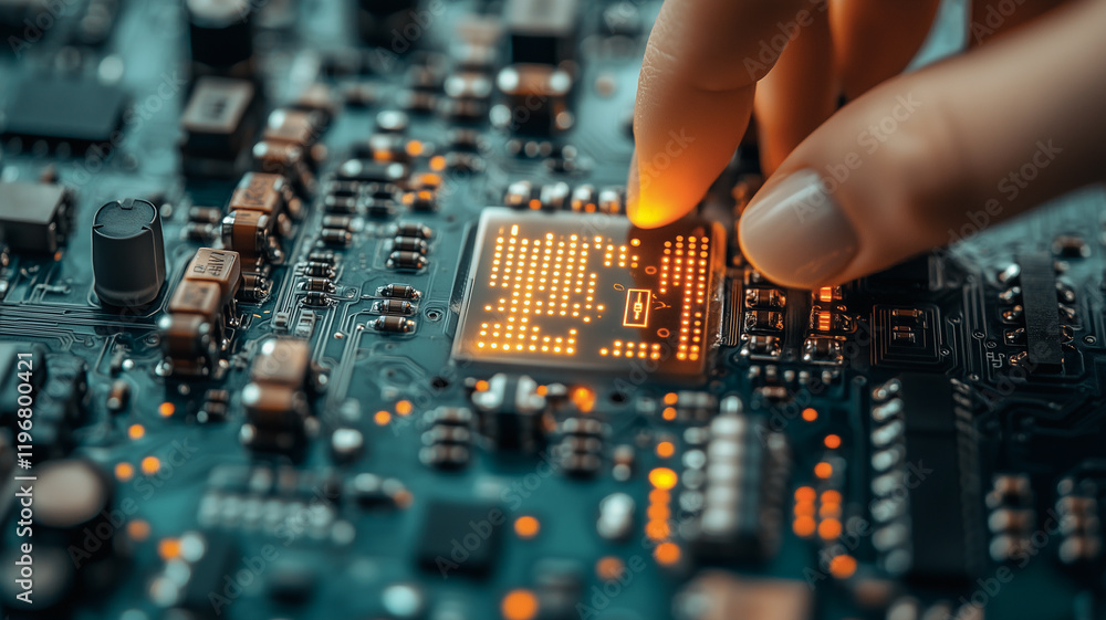 Poster the power of innovation: a close-up shot of a finger delicately touching a glowing microchip on a ci