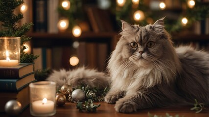 A fluffy cat rests among festive decorations and candles, creating a cozy holiday atmosphere.