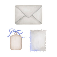 Set of watercolor paper elements. Hand made illustrations of envelope, gifttag and postcard. Isolated elements for holiday design in vintage style and muted colors