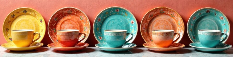 Vibrant ceramic plates & saucers, various colors & patterns , orange, minimalist