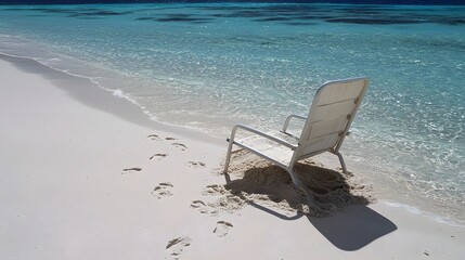 A serene beach scene with a solitary chair partially buried in the sand leaving a trail of footprints leading towards the calm turquoise waters of the ocean  This image evokes a sense of tranquility