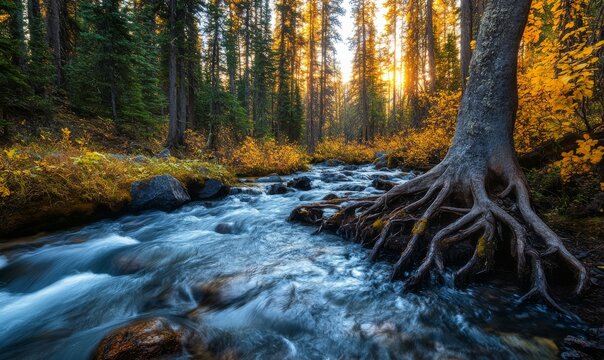 Close-up of tree roots in a forest stream, mount thielsen, thielens