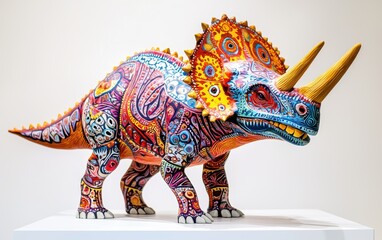 Fototapeta premium A vibrant Triceratops standing confidently, with intricate skin patterns, displayed on a bright white surface