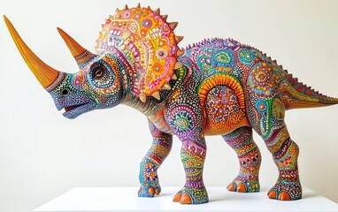 Obraz premium A vibrant Triceratops standing confidently, with intricate skin patterns, displayed on a bright white surface