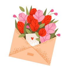 Valentine’s Day bouquets with roses, chocolates, and a teddy bear. Baskets filled with sweets, floral arrangements, and love notes. Romantic vector illustration.