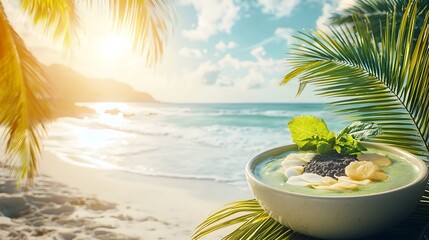 Obraz premium Refreshing Tropical Smoothie Bowl Set Against a Picturesque Ocean Backdrop with Swaying Palm Leaves and Warm Sunset Tones