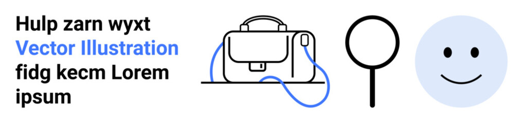 Business briefcase, magnifying glass, blue happy face, and black and blue text. Ideal for business presentations, website headers, educational materials, user interfaces, marketing, infographics
