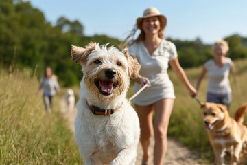 happy woman is a professional dog walker and trainer, walking in nature with her pets on leashes. the scene is lively and energetic: a woman and dogs enjoying themselves, a dog handler zoopsychologist
