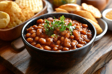 Delicious baked beans in dark bowl, with side dishes, on rustic countertop.