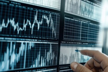 computer monitors displaying stock market graphs. The screens are black and the graphs are colorful. Scene is serious and focused, as the graphs show the fluctuations of the stock market