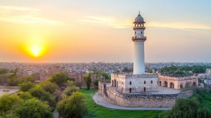 Sunset over City with Historic Tower