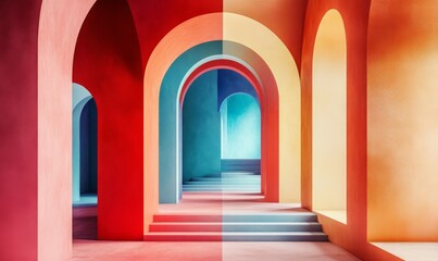 Colorful Abstract Room with Arched Openings and Steps