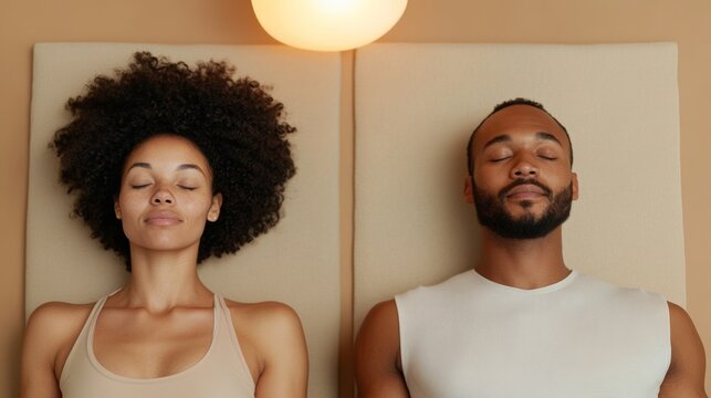 Contemporary Cozy Oasis Diverse Couple Embracing Minimalist Wellness in a Soft-Toned Living Room with Eco-Friendly Lighting for Enhanced Mental Health and Flexible Living