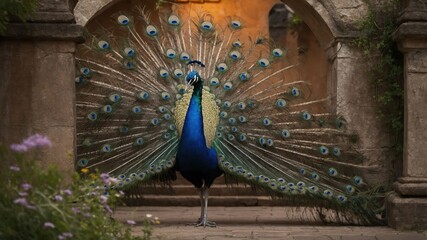 Obraz premium A vibrant peacock displays its colorful feathers in a picturesque setting.