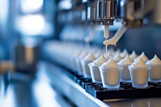 Creamy substance dispensed into small cups, automated process.