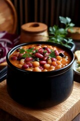 Delicious baked beans in dark bowl, with side dishes, on rustic countertop.