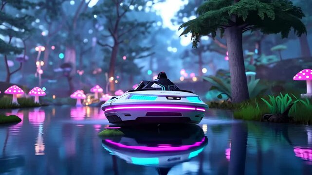 Futuristic hovercraft gliding through a vibrant, enchanted forest with glowing mushrooms at dusk