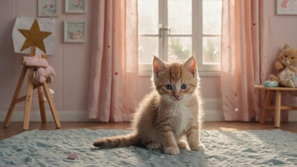 A cute ginger kitten sitting on a rug in a cozy, pastel-colored room with natural light.