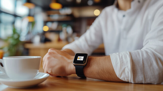 A close-up of a customer using a smartwatch to pay at a cafÃ© counter. The transaction exemplifies the integration of wearable technology and secure, contactless payments, digital p