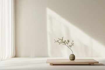 Minimalist Interior Design Low Wooden Coffee Table and Greenery in Sunlit Space - Eco-Friendly Decor for Modern Homes and Serene Living Aesthetics