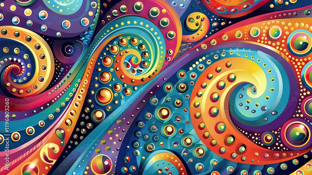 Poster a seamless abstract pattern with colorful swirls and dots.